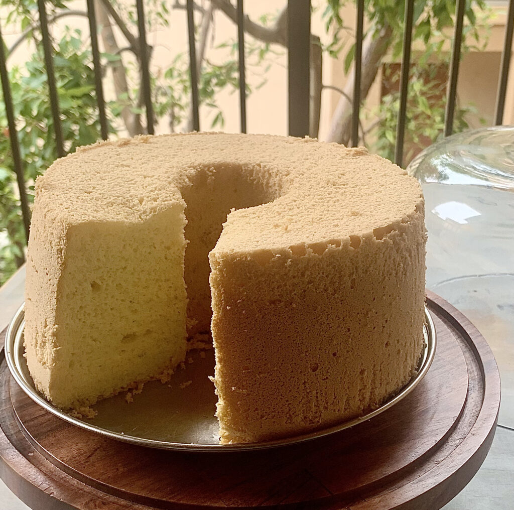Cross-section of a raw rice chiffon cake on a plate